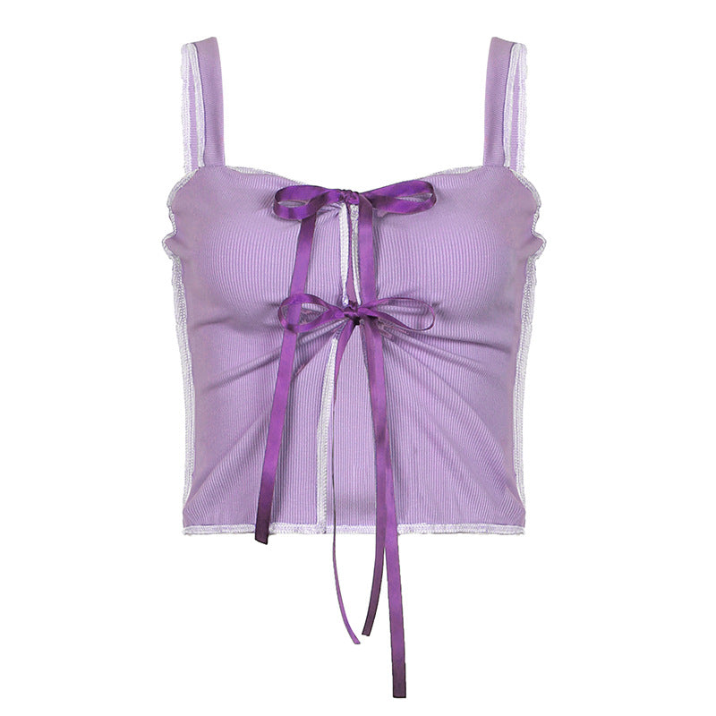 Pure Purple Charming White Square Collar Hollow Out Cutout Double Shoulder Strap Vest Summer Sexy Slimming Inner Top