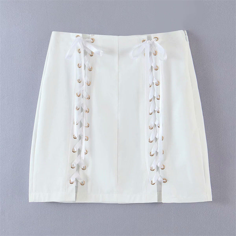 Women Clothing Summer Blogger Milky White Split Air Hole Criss Cross Strap Skirt