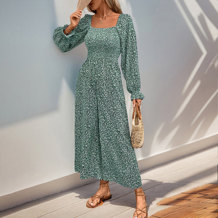 Women Jump Suit Square Collar Puff Sleeve Wide Leg Pants Long Sleeve Vacation Floral Jumpsuit