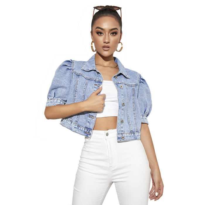 Short Denim Jacket Women Loose Puff Short Sleeve Polo Collar Top