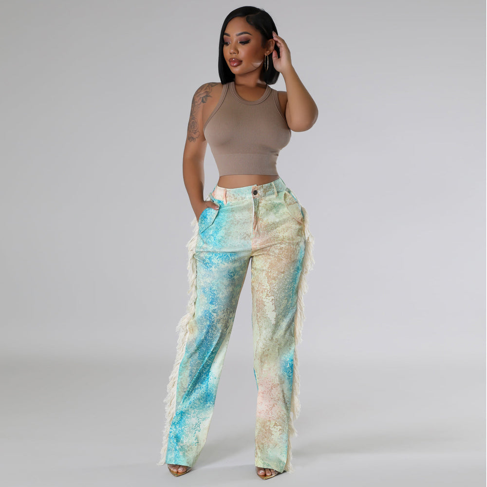 Women Clothing Printed Tassel Straight Casual Pants Women Trousers