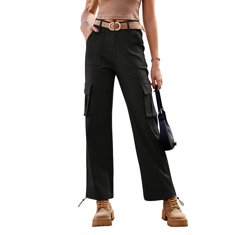 Fall Women Clothing Casual Loose Multi Pocket Straight High Waist Overalls Trousers