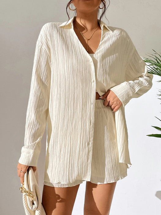 V neck Shirt Long Sleeve Shorts Casual Pleated Texture Women Suit