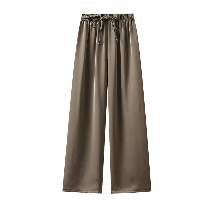 High Grade Pleated Texture Acetate Ice Tencel Satin Wide Leg Pants Women Summer Loose Straight Drooping Casual Pants