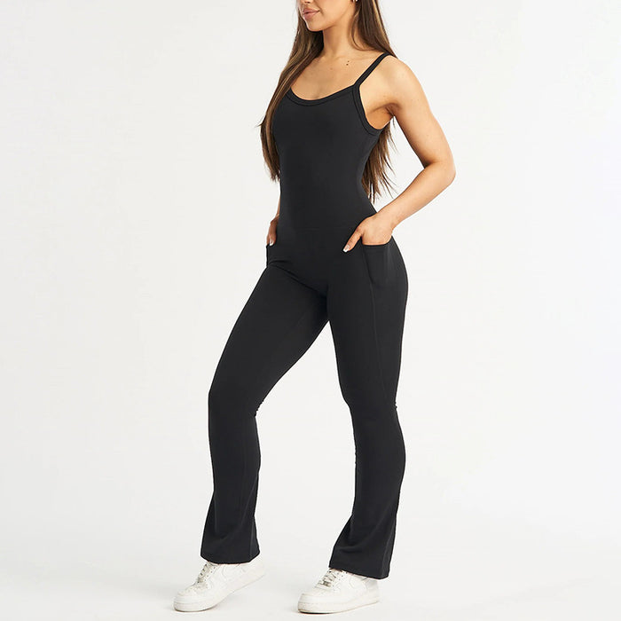 Sports Solid Color Pocket Stitching Simple Yoga Casual Sling One Piece Trousers