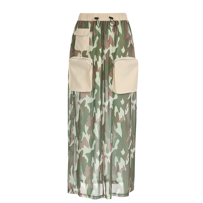 Women Clothing Mesh Camouflage Skirt Street Pocket Stitching Elastic Drawstring Tooling Dress