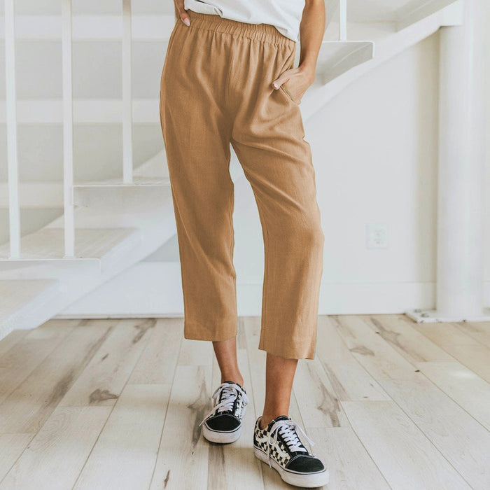 Spring Summer Women Clothing Pants Solid Color 7-Point Pants Straight Elastic Elasticated Slacks Women