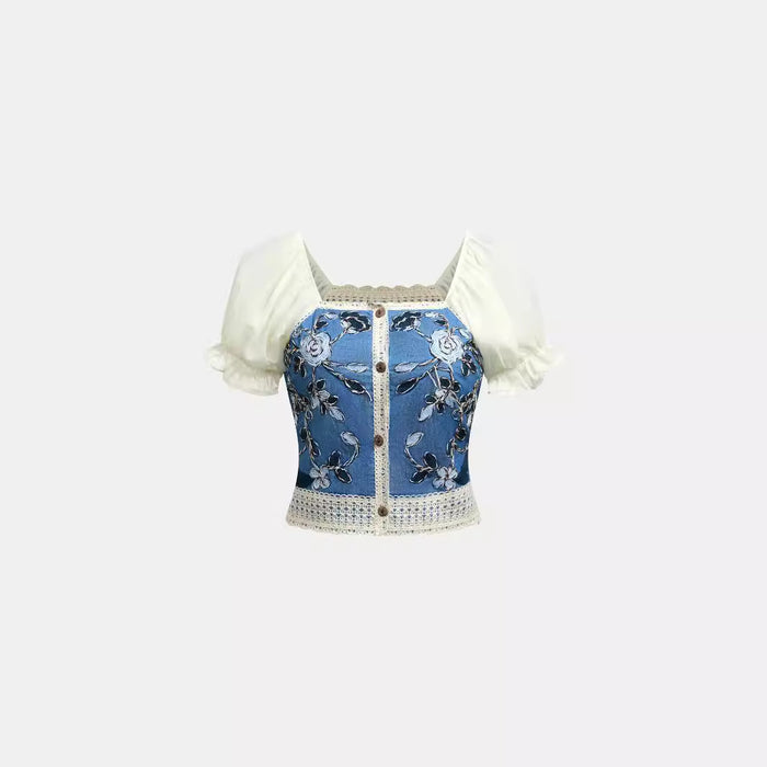 French Short Top Faux Denim Embroidery Floral Square Collar Chiffon Stitching Cardigan Shirt Women Hollow Out Cutout Out Gentle Top