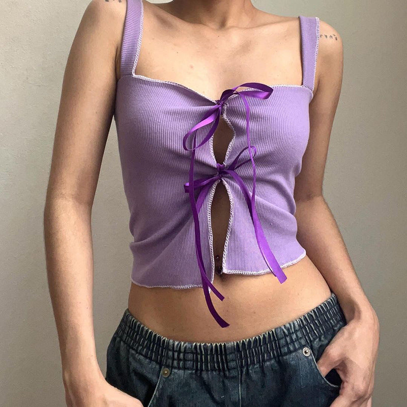 Pure Purple Charming White Square Collar Hollow Out Cutout Double Shoulder Strap Vest Summer Sexy Slimming Inner Top