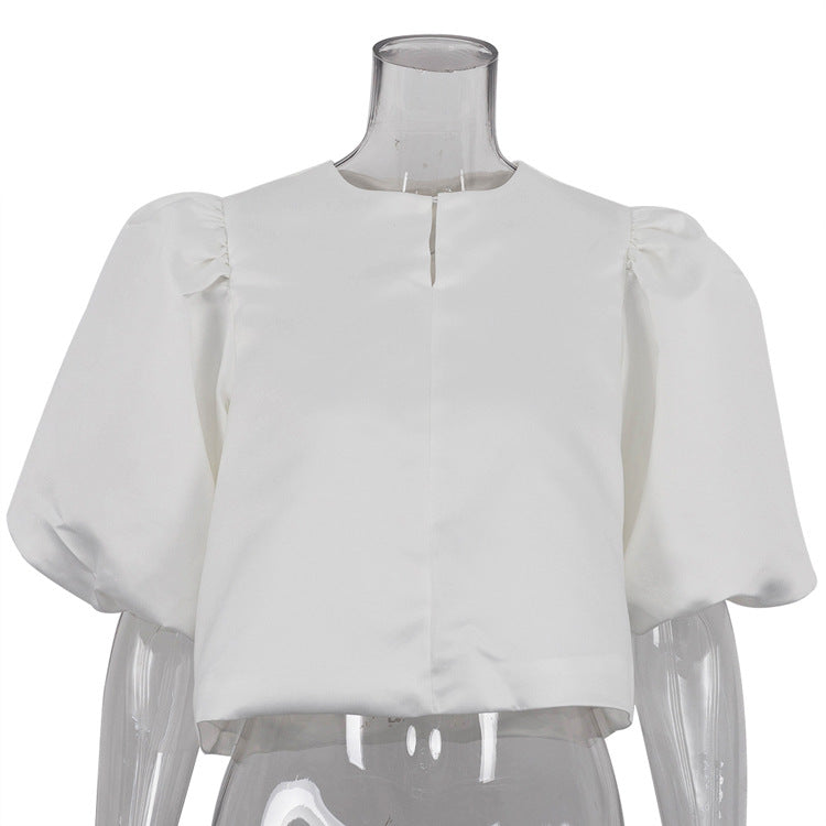 Spring Summer Satin Puff Sleeve Short Top Loose White Shirt