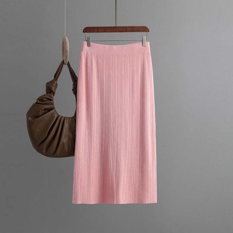 Back Slit Knitted Sunken Stripe Skirt Solid Color Elastic Waist Elastic Hip Elegant Slimming Wool Skirt Autumn