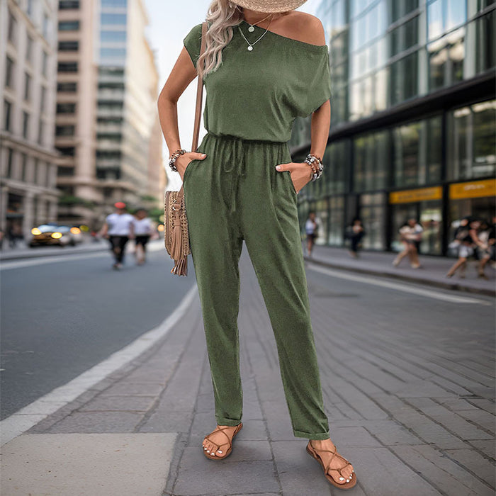 Summer Women Shoulder Solid Color Jumpsuit Trousers