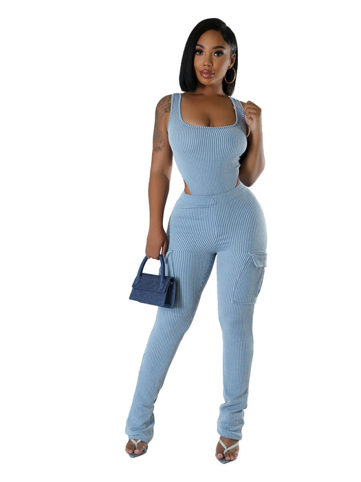 Casual Women Wear Autumn Winter Elastic Twist Strip High Waist Jumpsuit Overalls Trousers Set