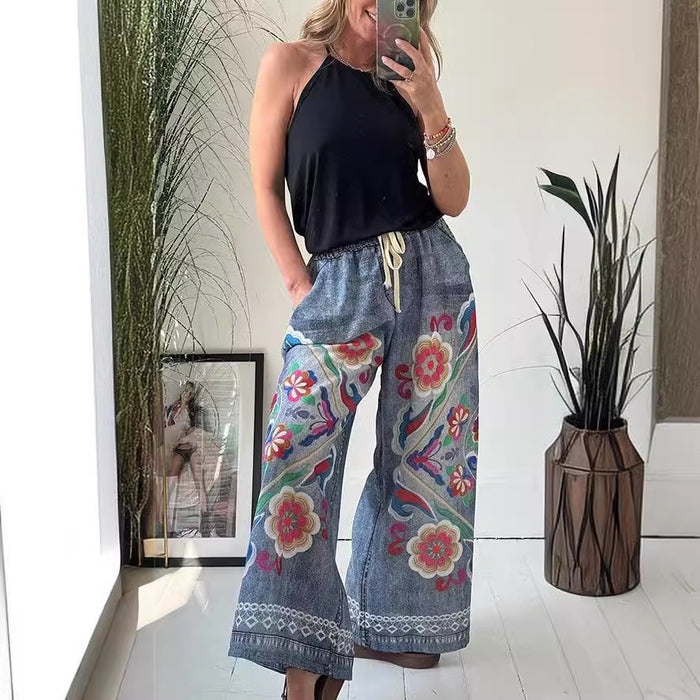 Spring Summer Lace Up Imitation Denim Printed Pocket Loose Casual Pants Women