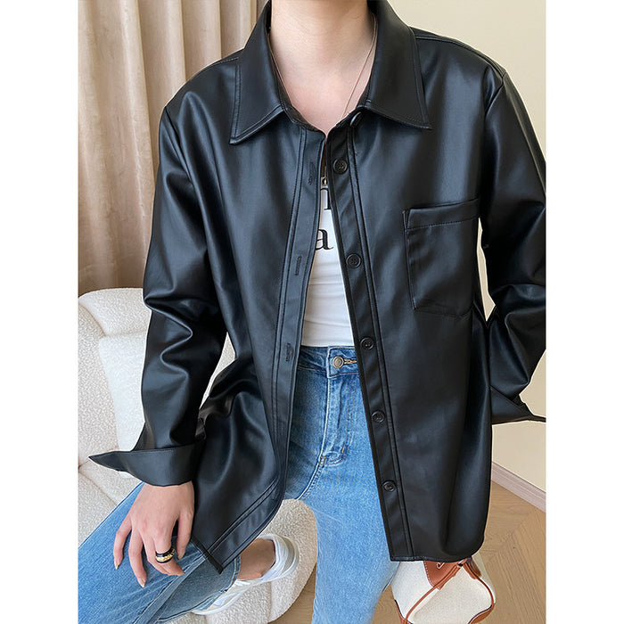 Good Texture Protein Leather Early Autumn Casual Non Sexual Loose Shirt Leather Coat