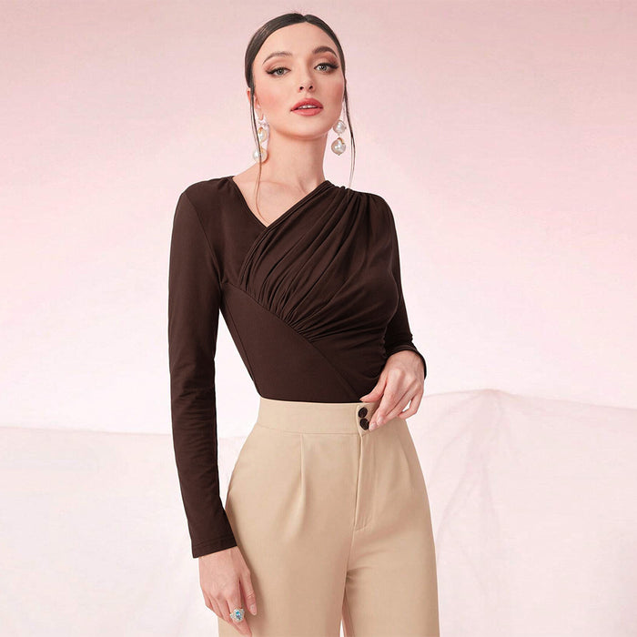 Autumn Winter Women Clothing Diagonal Collar Slim Fit Pleated Bottoming Shirt Office Long Sleeve Top