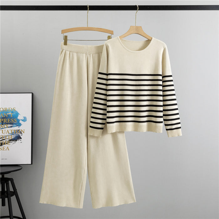 Korean Loose Round Neck Striped Sweater Set Women Sweater Top High Waist Trousers Women Autumn Clothing Two Piece Set