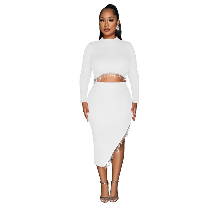 Women Wear Solid Color Long Sleeve Cropped Dress Two Piece Set for Women