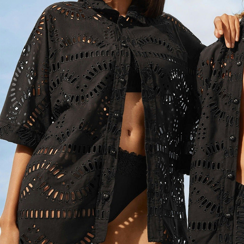 Embroidered Crocheted Design Medium Long Sleeve Shirt Top Casual High Waist Shorts Two Piece Suit Women