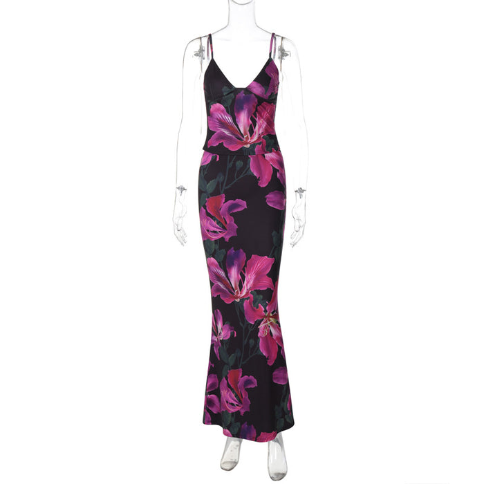 Women Clothing Summer Printed Sexy V neck Vest Slim Skirt Set