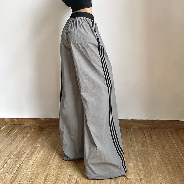 Fall Women Clothing Solid Color Loose Street High Waist Contrast Color Straight Wide Leg Pants