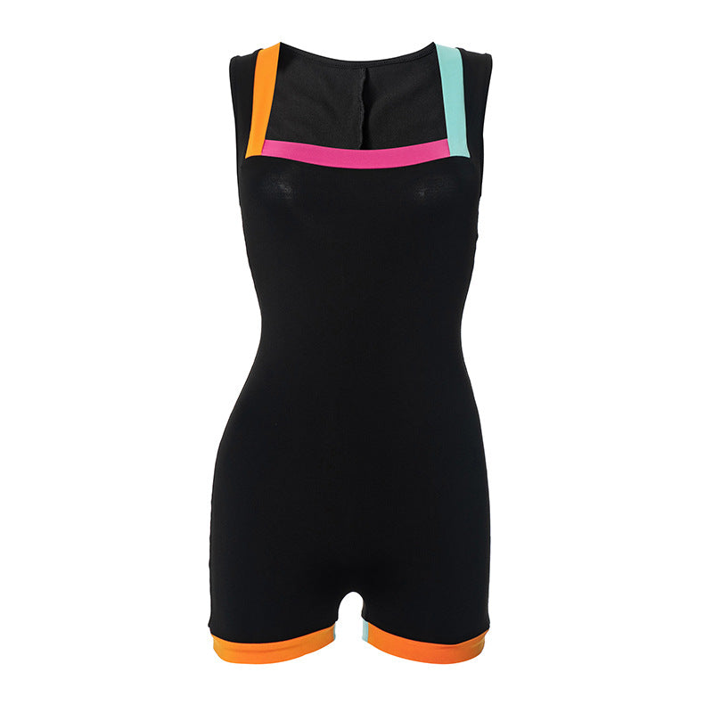Women Clothing Summer Color Contrast Stitching Square Collar Sleeveless Casual Sports Romper