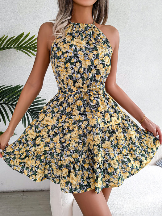 Spring Summer Casual Tied Lotus Leaf Large Swing Floral Dress Women Clothing