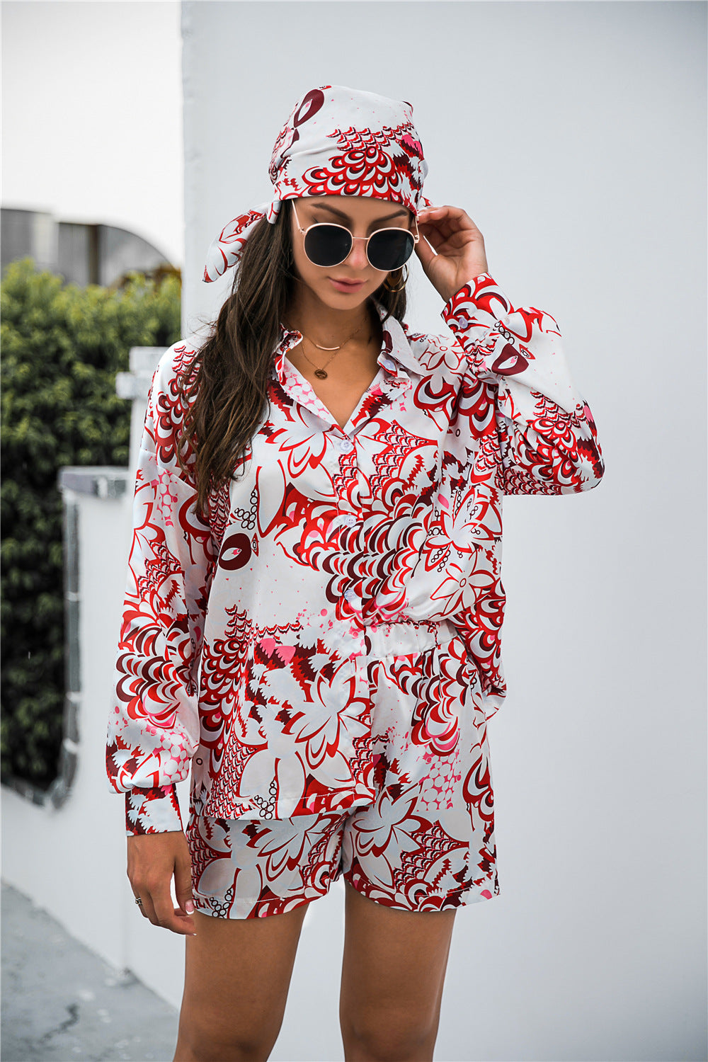 spring Autumn Retro Shirt Shorts Headscarf Three-Piece Suit