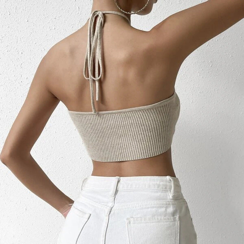 Sexy Sexy Women Clothing Short Temperamental Backless Halter Lace Up Knitted Vest Top Women