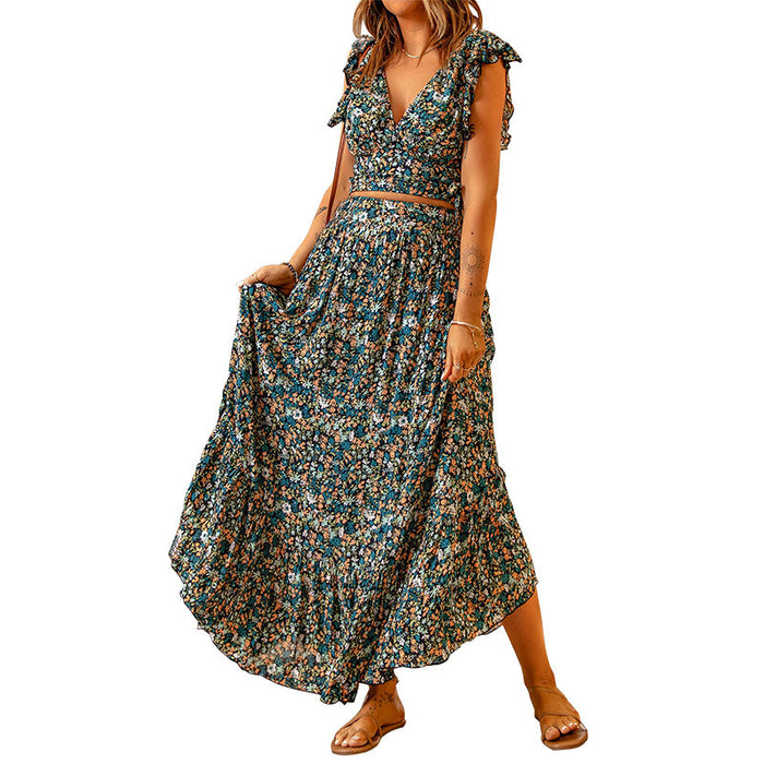 V Neck Short Sleeve Pullover Floral Suit Women Waist Slimming Irregular Asymmetric Maxi