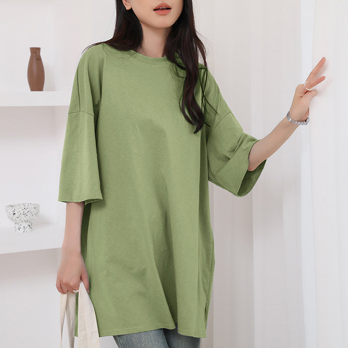 Korean Summer Pure Cotton T shirt Side Slit Casual Loose Mid Length Shirt Short Sleeve