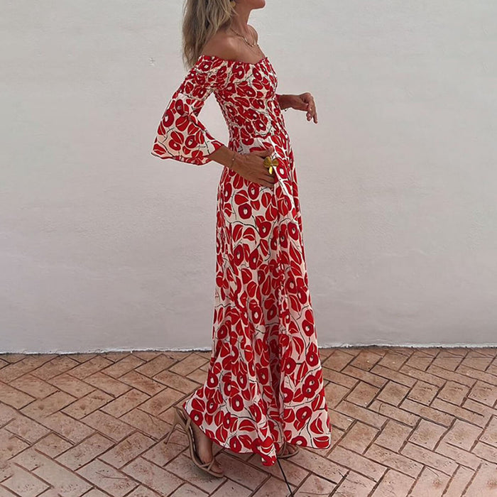 Summer Women Clothing Elegant Floral Print Tube Top High Waist Pocket Maxi Dress