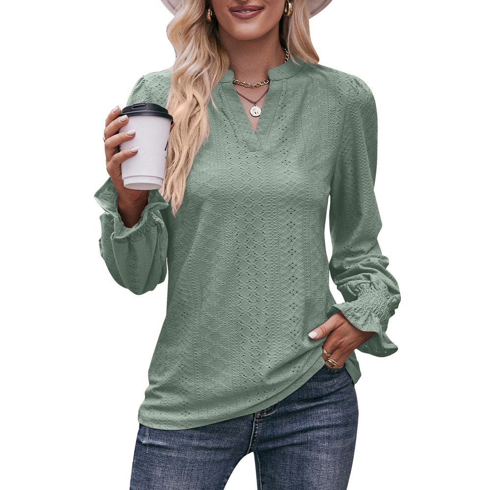 Autumn Women Clothing Solid Color T shirt Hole V neck Long Sleeve Umbrella Sleeve Top