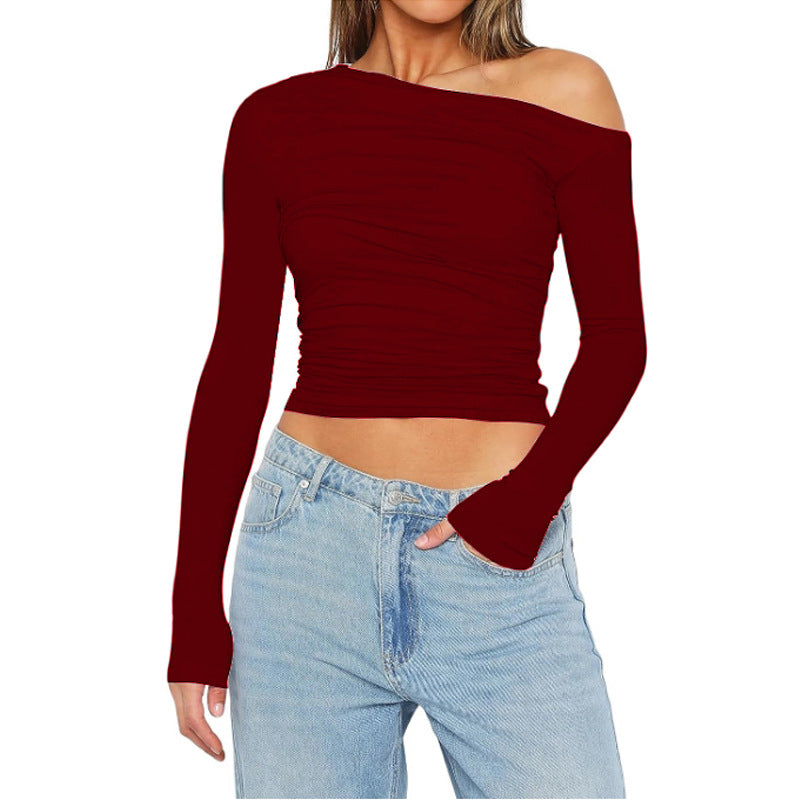 Women Clothing Shoulder Asymmetric Solid Color Cropped Top Long Sleeve Sexy Slim Fit Elegant T shirt