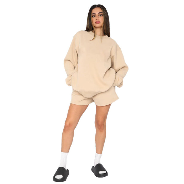 Cotton Autumn Winter Solid Color round Neck Pullover Long Sleeve Sweater Women Casual Shorts Set