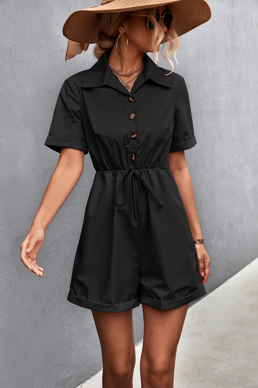 Spring Summer Popular Shirt Collar Short Sleeve Lace-up Romper