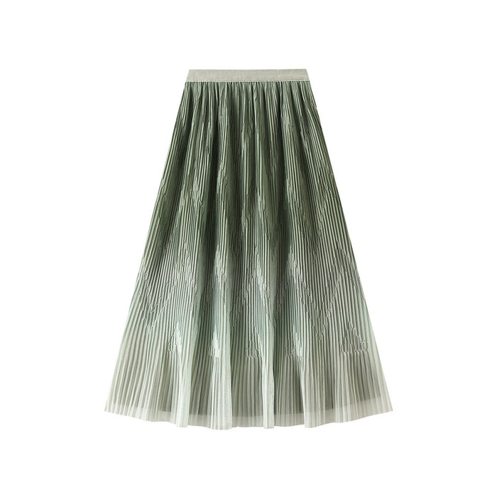 Double Sided Wear Gradient Color Mesh Skirt Women Spring Mid Length High Waist Slimming Pleated Skirt