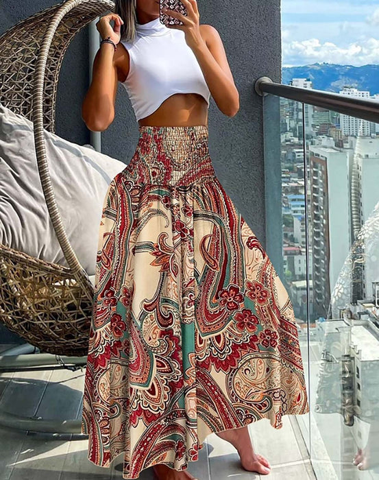 Women Clothing Bohemian Printed Elastic Waist Midi Skirt