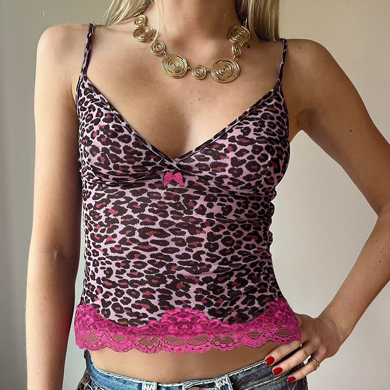 Women Clothing Animal Pattern Lace V-neck Patchwork Slim Strap Sexy Inner Vest Top
