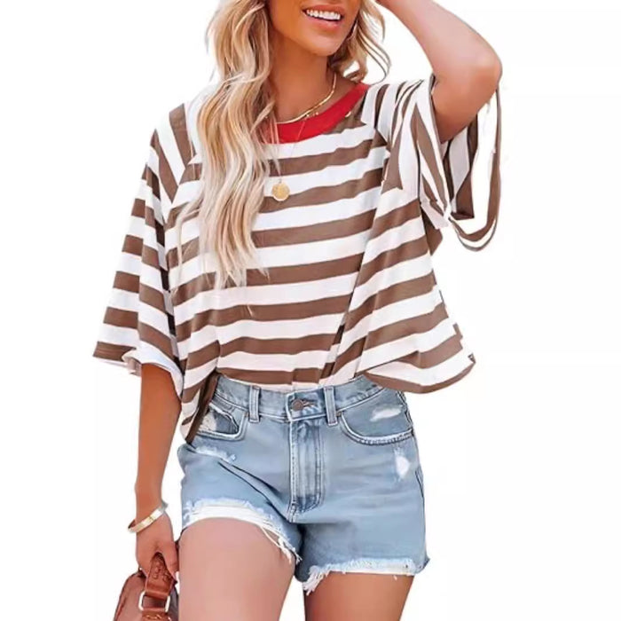 Women Summer Striped T shirt Short Sleeve Color Matching Design Loose Basic T shirt Top