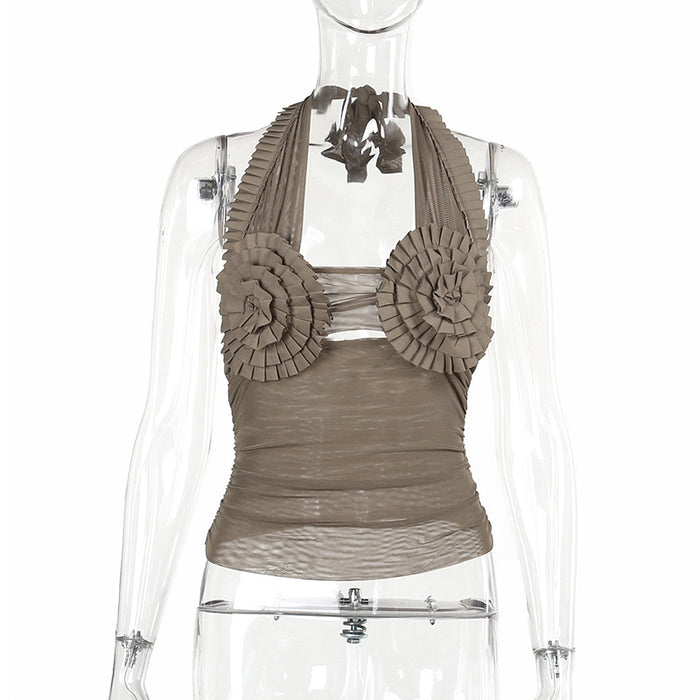 Autumn Elegant Pleated Special Chest Cup Mesh Stitching Halter Vest Top Women