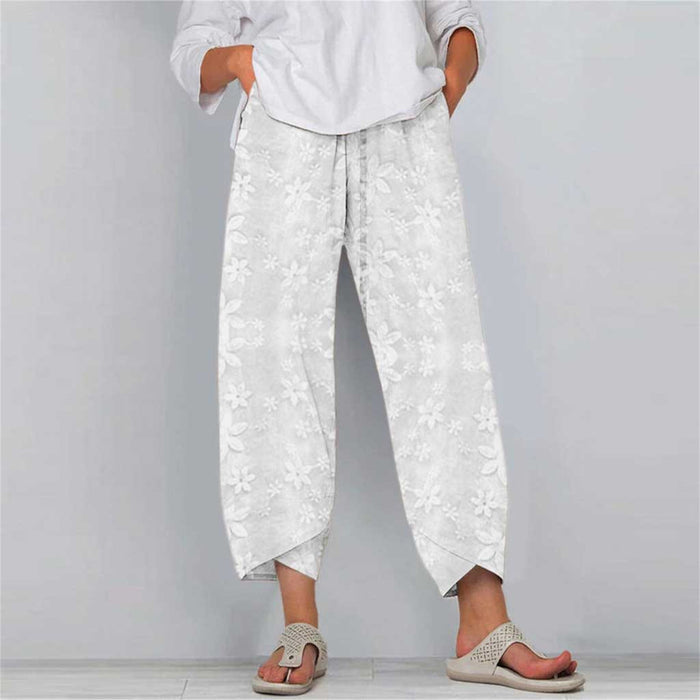 Spring Summer Split Cotton Linen Lace up Casual Pants for Women