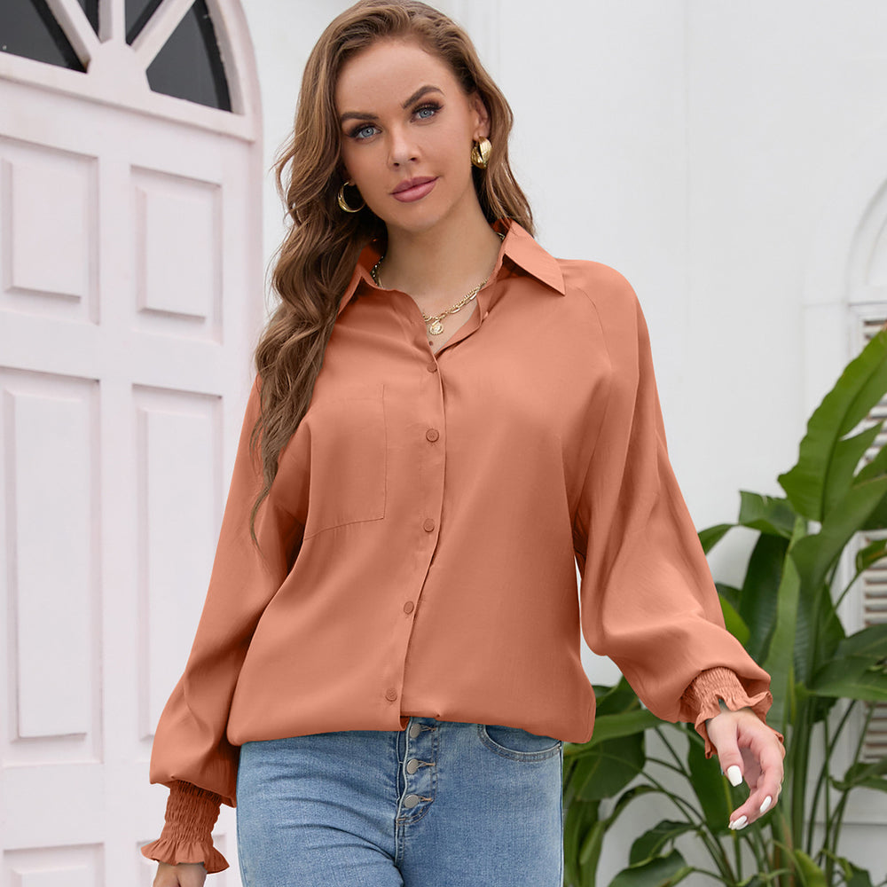 Women Collared Lantern Sleeve Tencel Top Solid Color Loose Large Shirt