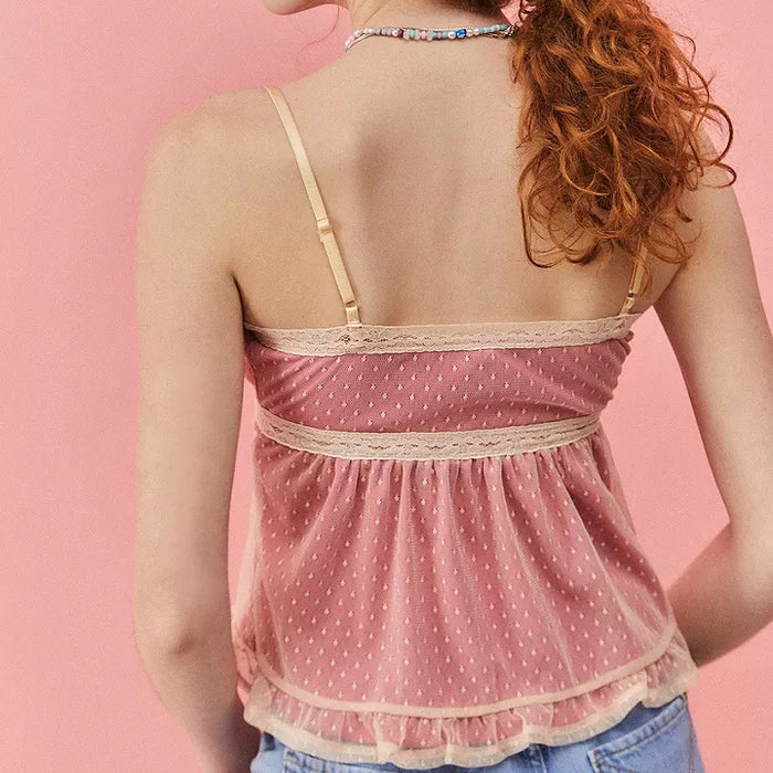 Summer Strappy Tube Top Vest Lace Edge Pink Polka Dot Top