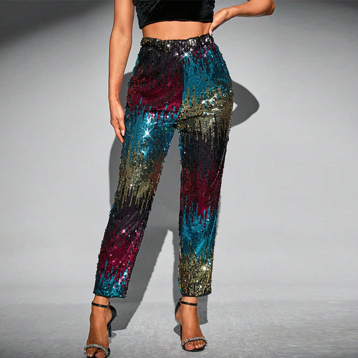 Multi Color Velvet Sequ High Waist Party Clothes Tapered Pants Straight Leg Pants Trousers