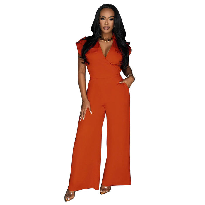 Women Pants Solid Color Sleeveless V neck Wide Leg Jumpsuit