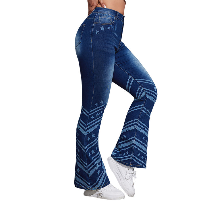 Weila Jeans Spring Summer Women Denim Mid High Stretch Printed Casual Trousers Bell Bottom Pants