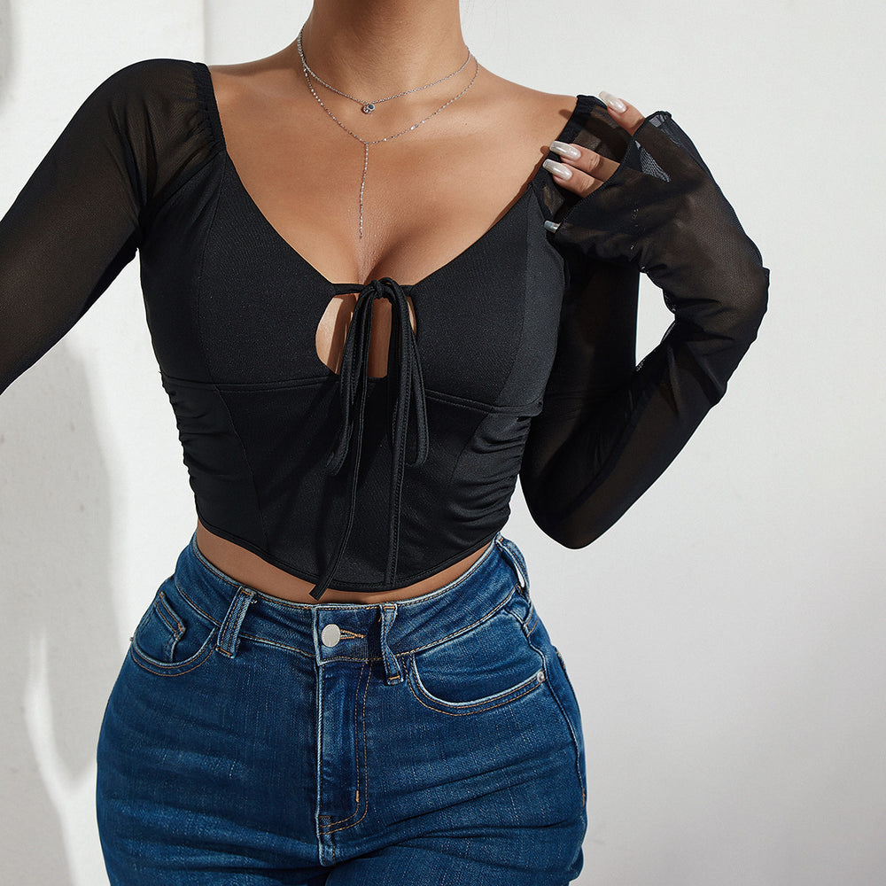 Fall Sexy Hollow Out Cutout out Tied Pleated Stitching Rhombus Waist Elegant Long Sleeve Top