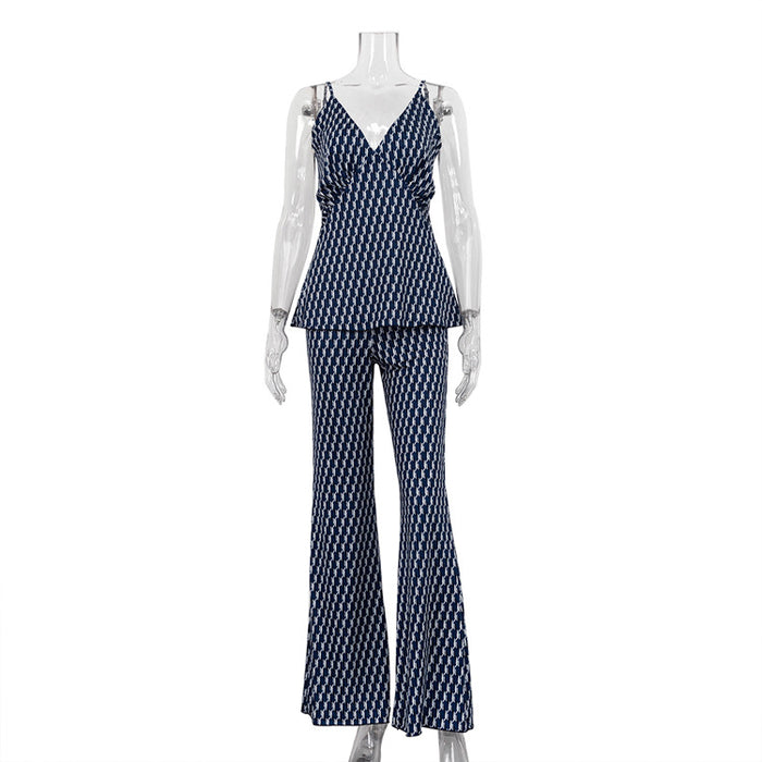 Summer Sleeveless V Neck Strap Wide Leg Trousers Sexy Sexy Two Piece Set Women Printed Wear