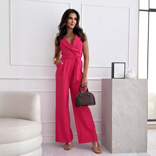 Women Clothing Comfort Casual Solid Color V neck Sleeveless Jumpsuit